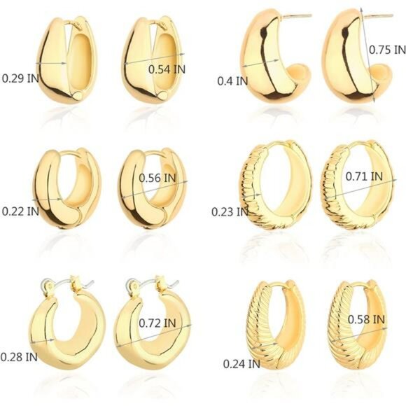 Chunky Gold Hoop Earrings Set 3 Size Huggie Hypoallergenic Lightweight - Picture 5 of 7